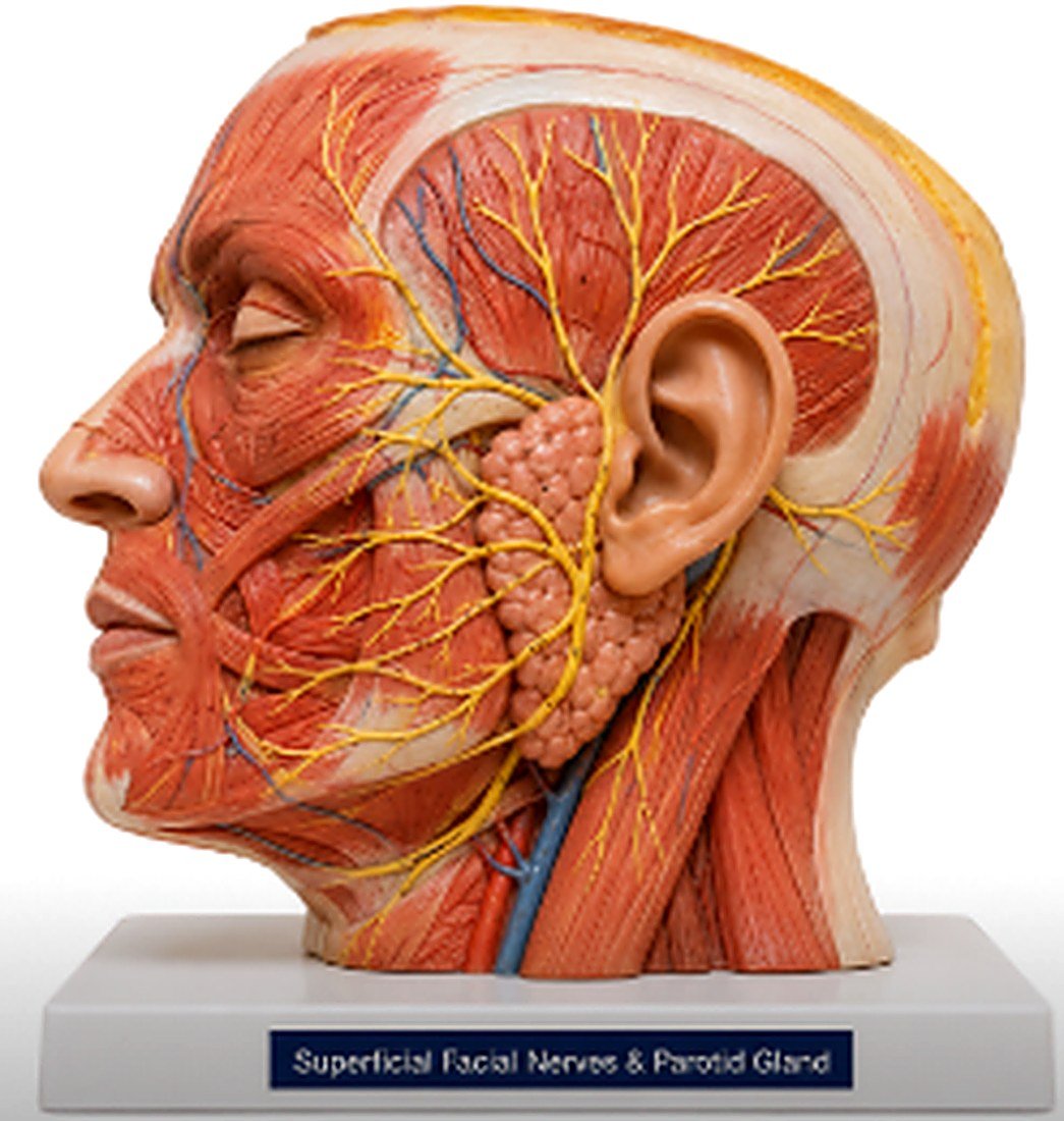 Superficial Facial Nerves & Parotid Gland - This life-size 3D model displays the superficial anatomy of the face and head with highly detailed dissection of the facial nerve and parotid gland. The parotid gland is depicted in its characteristic inverted pyramidal shape showing both superficial and deep lobes separated by the facial nerve.